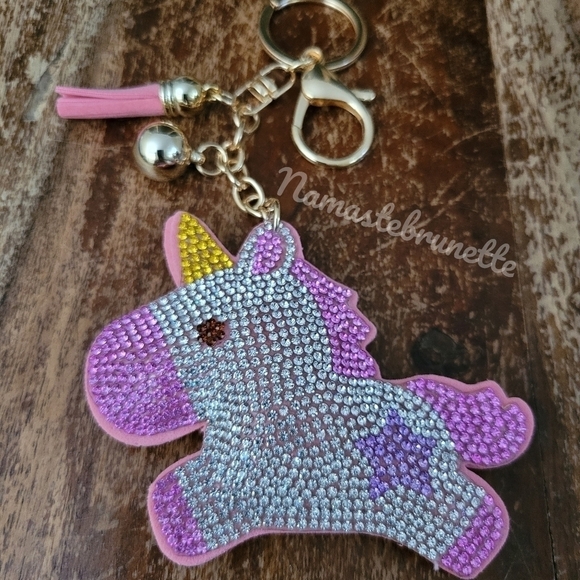 Unicorn Crystal Rhinestone Keychain Bag Charm With Blue Tassel - Picture 14 of 16